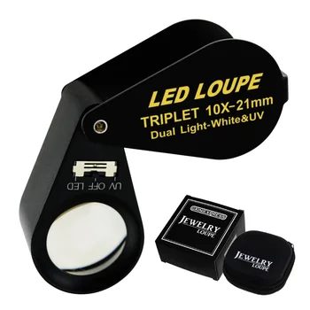 10x 21mm Loep Juwelier Vergrootglas LED UV-Licht Triplet Lens Vergrotende Gem Zwart Frame voor het Inspecteren van Diamanten Edelstenen