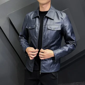 2022 Herfst Mode Trend Jassen Mannelijke New Style Slim Fit Revers-Up Kraag Motorcycle Leather Jacket men ' s PU Lederen Jas, S-5XL