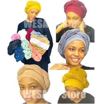 2022 Nieuwe Ontwerp Vrouwelijke Tulband Cap-Afrikaanse Autogele Headtie Nigeria Headwrap Moslim Tulbanden Hijab Vlechten Hoed Gorro Turbante