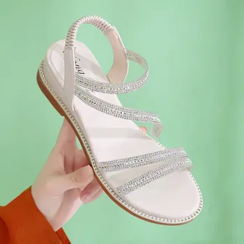 2022 Nieuwe Zomer Dames Elegante Sandalen met Lage Hak Slip op Crystal Pailletten Chaussure Femme Casual Meisje Dames Sandalen