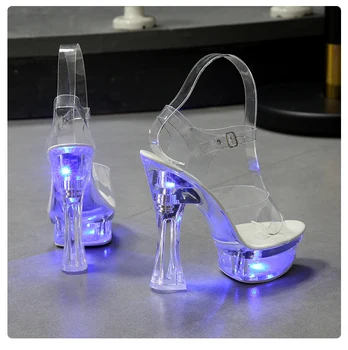 6 Kleur Vierkante Hak Vrouwen Sandalen Licht van Gloeiende Schoenen Lichtgevende Duidelijk Sandalen Platform Schoenen met Hoge Hak 15cm Transparante Schoenen