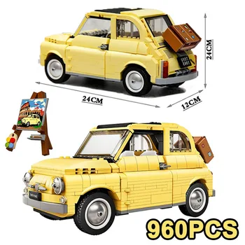 960PCS Technische Fiat 500 bouwstenen 10271 Klassieke Gele Auto Model Creator Monteren Voertuig Bakstenen Speelgoed Voor Jongens Kinderen Cadeau