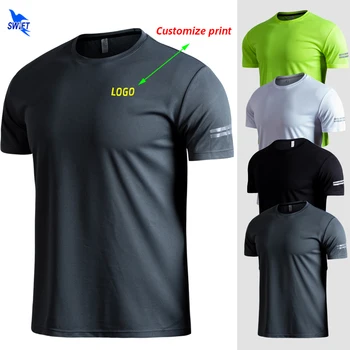 Aanpassen-LOGO Ademend Running Shirts heren Tops t-Shirts Quick Dry Korte Mouwen Sportschool Fitness T-Shirt Reflecterende Strips Sportkleding