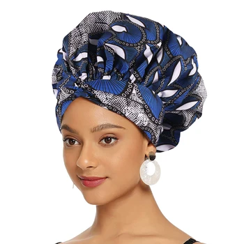 Afrikaanse Print Satijnen Muts Met Lange Lint Wikkel Een Dubbele Laag Headwrap Patroon Vrouwen Haar Cover Groot Formaat Hair Wrap Cap