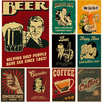 Bier Vintage Poster Sigaret Koffie Retro Kraft Papieren Afdrukken van Foto DIY Esthetische Kamer Huis Bar Cafe Art Wall Decor Schilderen