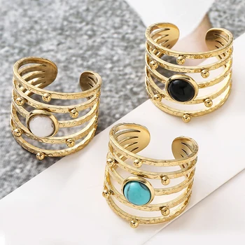 Boho Open Ring Gold Plated Roestvrij Stalen Ringen voor Vrouwen Turquoise 4 Lagen Holle Ringen Luxe Designer 2022 Trend Sieraden