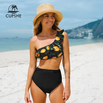 CUPSHE Ruches Één Schouder Hoge Taille Bikini Sets Zwempak Voor Vrouwen Sexy Twee Stukken Beachwear 2023 badpak, Zwemkleding