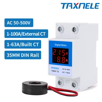 DIN-Rail Led Digitale Voltmeter Ampèremeter AC50-500V 220V 380V 1-63A 1-100A Paneel Voltage Meter Volt Amp Tester Detector