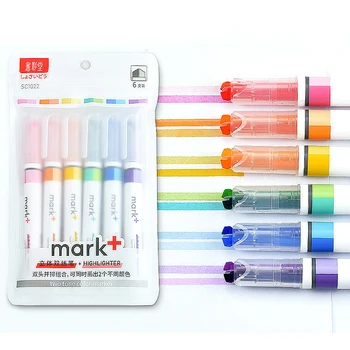 Dubbele Lijn MARKEREN+ Highlighter Pen Set Pastel Gekleurde Markers Textmarker Leuke Glossy Boligrafo Markeerstiften Kawaii Papelaria