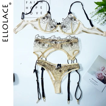 Ellolace Lingerie Sexy Transparante Bh Underwire Pure Hete Porno-Erotische Kostuums Bowknot Bloemen Borduursel Kousenbanden Exotische Sets