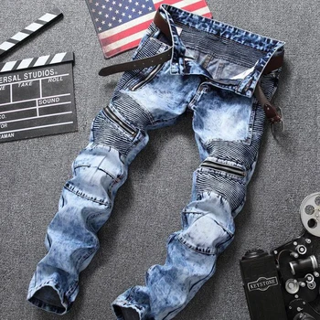 Europese En Amerikaanse Directe Vouw Rits Motorfiets Sneeuwvlok Jeans van Hoge Kwaliteit Plus Size Directe Verkoop Nieuwe heren Jeans Denim