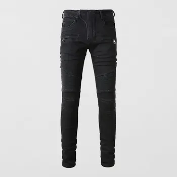 Fashion Streetwear Mannen Jeans Zwarte Stretch Slim Fit Met Verbinding Aan De Randen Designer Biker Jeans Homme Rits Hip Hop Merk Broeken Mannen