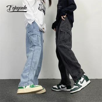 FOJAGANTO Mannen Jean Broek Japanse Retro Gewassen Rechte Wide-Leg Jeans Loose Grote Pocket Paar Hip Hop, Street Denim Broek Man