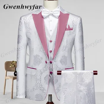 Gwenhwyfar Hoge Kwaliteit Mannen Bruiloft Kostuums 2022 Mist Roze Piek Revers Mannen Blazer Broek Vest in het Wit Patroon Materiaal