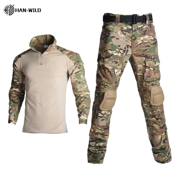 HAN WILDE Tactical Combat Outdoor Camouflage Airsoft Paintball Kleding in Militair Uniform Shirts Cargo Broek Elleboog en Knie Pads Pakken