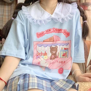 Harajuku Schattige Beer Ijs Cartoon Casual Losse Tops Ulzzang Japanse JK Vintage Leuke Lieve Meisjes Konijn Vrouwelijke Katoenen T-shirt