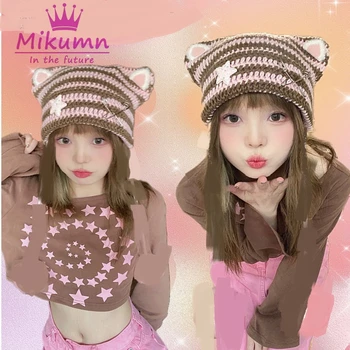 Harajuku Y2k Schattige Star Pin Kat Oor Stripe Gebreide Muts Vrouwen Meisjes Winter Warm Streetwear