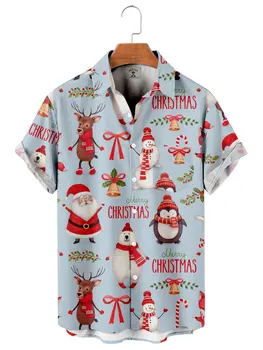 Hoge kwaliteit heren trend shirt Kerst Sneeuwpop en elanden Pinguïn print shirt met korte mouwen met één knop revers plus maat 5XL