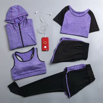 Hot sale vrouwen snel droog 5 delige set yoga jas+t-shirt+bh+broekje+broek fitness kleding womens sport running pak sets