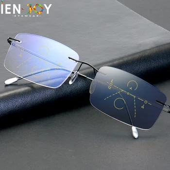 IENJOY Ultra Lichte Titanium Randloze Photochromic leesbril Progressieve Multifocale Presbyopic Glazen voor Mannen, Vrouwen uv400