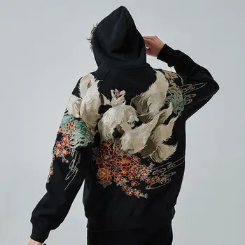 Japanse Streetwear Hoodies Hip Hop Sweater Geborduurd Fox Hooded 2023 Mens Harajuku Katoenen Casual Pullover Zwart y2k hoodie