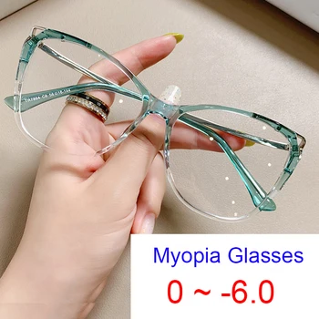 Klaar Anti Blauw Licht Bijziendheid Glasse Vrouwen Minus Degree 0 -1 -1.5 -2 -6 Verloop Brillen Duidelijke Groene Cat Eye Bril Frame