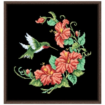 Kolibrie en hibiscus cross stitch kit Dreampattern 18ct 14ct 11ct zwart canvas borduren DOE-handwerken wall decor