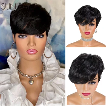 Korte Menselijk Haar Pruiken Pixie Cut Rechte Braziliaanse Remy Hair voor Zwarte Vrouwen Machine Gemaakt markeringskleur Goedkope Lijmvrije Pruiken