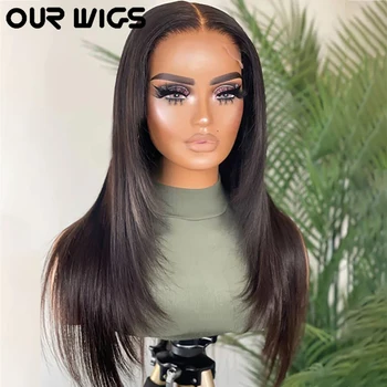 Lagen dwars Lace Front Pruiken Pre Geplukt Natuurlijke Haarlijn Lange Rechte Lace Pruiken voor Zwarte Vrouwen van 30 Inch Synthetisch Haar