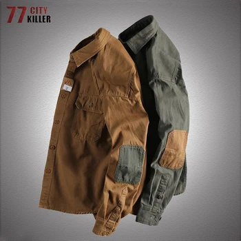 Lange Mouwen Tactische Shirts Mannen Militaire Patch Cargo Shirt Katoen Amerikaanse Casual Vintage Gereedschap Jas Buiten Werkkleding Blusas