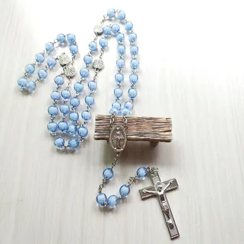 Maagd Maria Wonderdadige Medaille Blauwe Kralen Ketting Rozenkrans Ketting Kruis Kruis Y-Collier Religieuze Katholieke Gebed Sieraden Geschenken