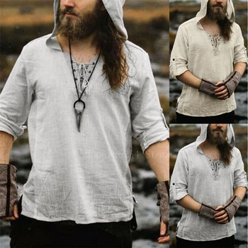 Man Retro Middeleeuwse Piraten Viking Cosplay Shirt Vintage Casual Hooded Man Ridder Linnen Renaissance Nordic Tuniek Bandage T-shirt