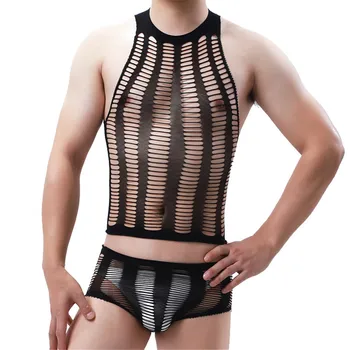 Mannen Sexy Lingerie Sets Hot Top En Broekje Zwarte, Elastische Mesh Net Onderwater Nachtkleding Intieme Seks Kostuums Kimino Nachthemd