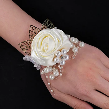 Meisjes Bruidsmeisje Pols Bloemen Bruiloft Boutonniere Satin Rose Armband Hand Bloemen Bruiloft Aanbod Accessoires Kunstmatige