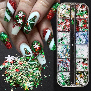 Merry Christmas Vlokken Nagels Art Glitter Groen Rood Xmas Pailletten Witte Sneeuwvlokken Sterren Paillette Winter Manicure Decoratie #SDF