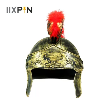 Middeleeuwse Wapenrusting Koning Romeinse Plastic Helm Halloween Rode Kuif Veer Leeuw Cap Cosplay Maskerade Helm Spartaanse Krijger Hoed