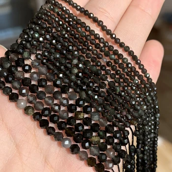Natuursteen Zwart Obsidiaan Facetten Losse, Ronde Minerale Kleine Kralen voor Sieraden Maken DIY Armband 15inch 2/3/4mm