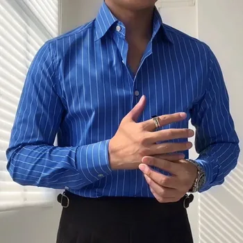 Navy Blauwe Streep Casual Shirt Voor Mannen, Business Veelzijdige Niet Strijkijzer Napels Italiaanse Gespreide Kraag, Lange Mouwen Gentleman Fashion Shirt