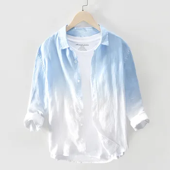 Nieuwe 2023 Zomer Mannen Linnen Shirt met Lange Mouw Heren Kleding Gradient Blauw Losse Mannelijke Mode Casual Shirts Dunne Laag Tee Tops