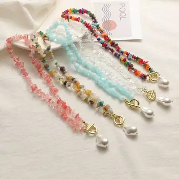 Nieuwe Natuursteen Sleutelbeen Keten Fashion Kleurrijke Steenslag Pearl Necklace Voor Woman Meisje Partij Bruiloft Verjaardag Sieraden
