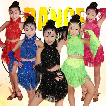 Pailletten Latin Dance Kwastje Jurk Voor Meisjes Mode Cha Cha Tango Salsa Dance Outfit Het Podium Kostuum