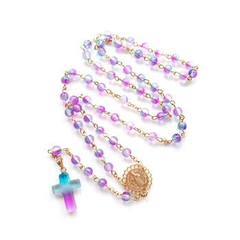 QIGO Kleurrijke Glas Rozenkrans Ketting Voor Vrouwen Katholieke Kruis Hanger Lange Metalen Goud Religieuze Sieraden