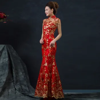 Rode Chinese trouwjurk Vrouwelijke Lange Korte Mouw Cheongsam Goud Slanke Chinese Traditionele Kleding van Vrouwen Qipao voor Bruiloft