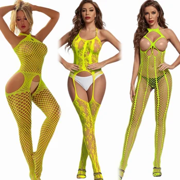 Sexy Fishnet Body Hete Vrouwen Mesh Bodystockings Gele Lingerie Erotische Jumpsuit Dames Porno Kostuum Crothless Tighties