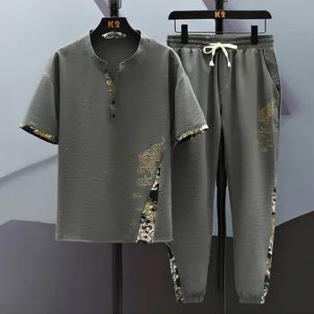 Shirts+Broek voor de zomer in chinese stijl elastische taille Sportkleding voor heren Casual Stelt Mannelijke Fashion broek en shirt heren maat M-4XL TZ05