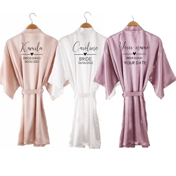 snelle aangepaste naam bruiloft kimono badjas 2022 gepersonaliseerde schrijven van paars satijn sexy bruids douche gave van vrouwen Klaar Gewaden
