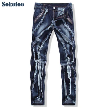 Sokotoo herenmode patchwork gesplitst ripped jeans Mannelijke persoonlijkheid leder klinknagel slim straight denim broek Gratis verzending