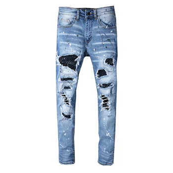 Sokotoo Mannen strass crystal patchwork light blue ripped jeans Slim fit skinny stretch denim broek