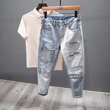 Streetwear Designer Mannen Ripped Jeans Persoonlijkheid Patchwork-Zak-Koreaanse Geript Gat Stikken Denim Broek Man Hip Hop