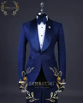 Tailor-Made Mannen Pak 2 Stuks Classic Navy Blauw Jacquard Bruiloft Kostuum voor Mannen 2023 Slim Fit Bruidegom Smoking Kostuum Mariage Homme